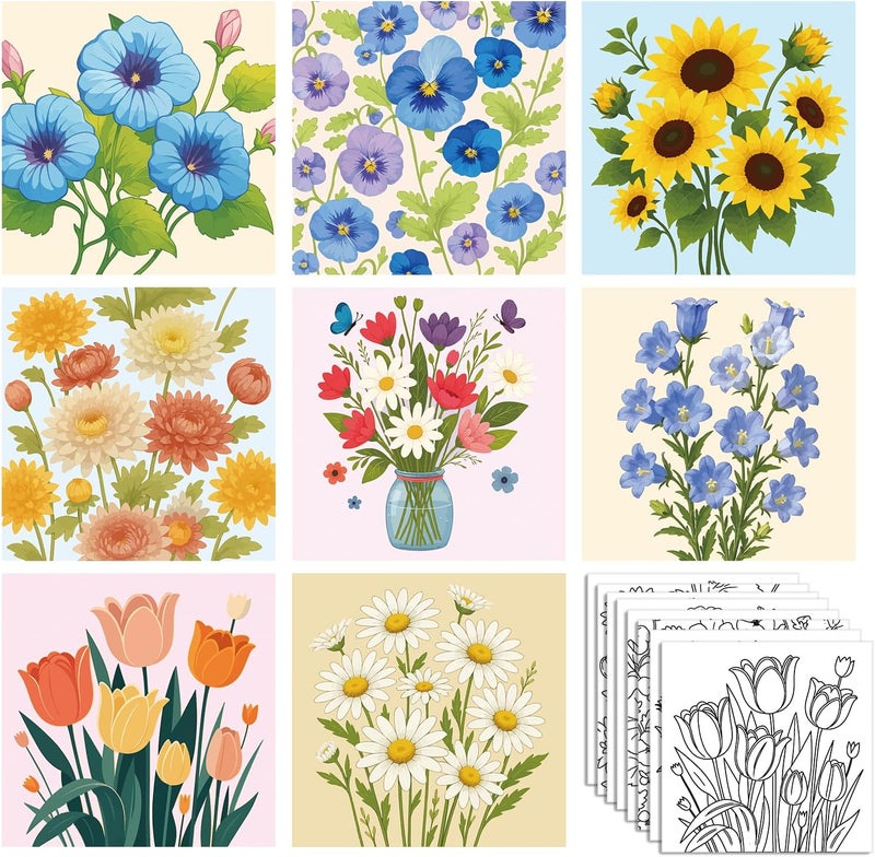 Zynlio 8 Packs 8 * 8in Floral Pre Drawn Canvas to Paint,Pre Printed Canvas for Adults, Painting Boards for Beginners, Students, Party Favor (Floral) - Image 1